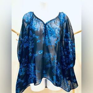 EXPRESS Sheer Blue and Black Floral Top in Size M!